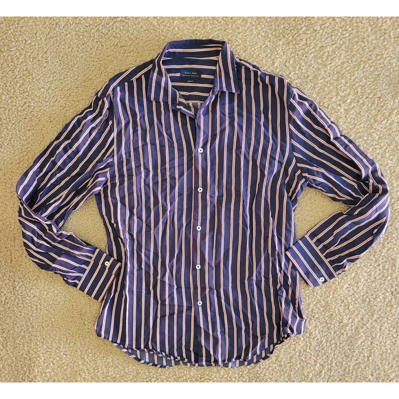 Zara Man Red, White & Blue Striped Slim Fit Long Sleeve Button Up Shirt. Size L - Picture 2 of 8